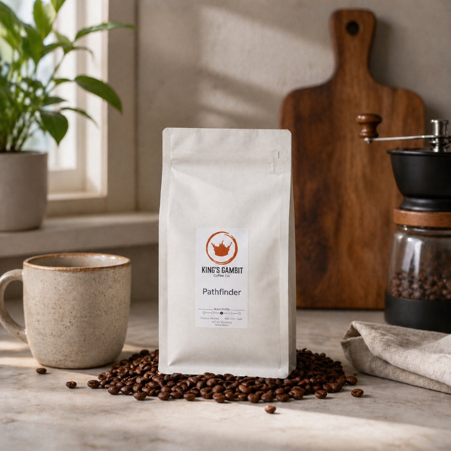 Bag of King's Gambit Coffee Pathfinder Medium Roast coffee, featuring the product packaging and branding.
