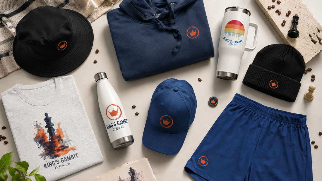 Flat lay of King's Gambit Coffee gifts — bucket hat, navy hoodie, travel mug, beanie, chess king tee, water bottle, cap, and athletic shorts with coffee beans and chess pieces.