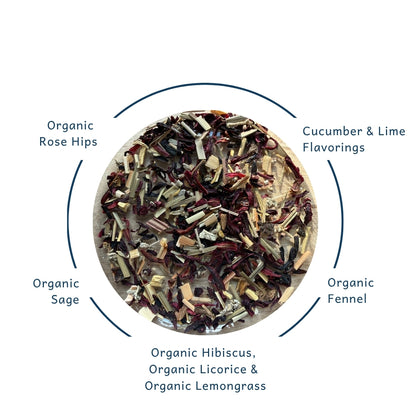 Organic hibiscus and cucumber herbal tea from King's Gambit Coffee Co., featuring vibrant hibiscus blossoms and fresh cucumber slices.