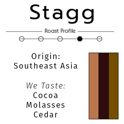 Organic medium dark roast coffee from King's Gambit Coffee, featuring Stagg Timor branding and a badge design.