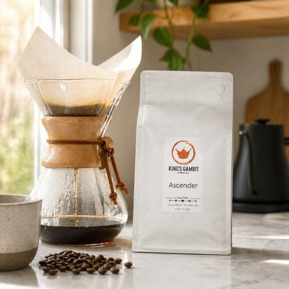 Bag of King's Gambit Coffee Ascender Medium Roast coffee beans in a resealable bag.