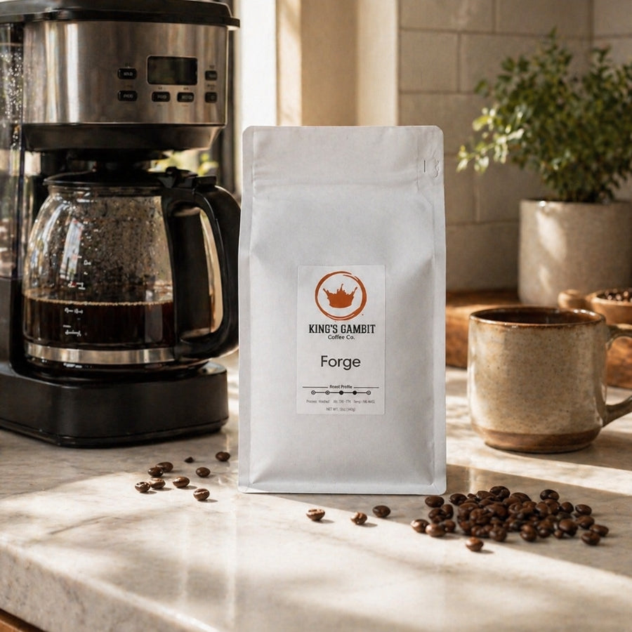 Medium roast coffee bag from King's Gambit Coffee featuring Forge brand packaging with a rich, aromatic coffee blend.