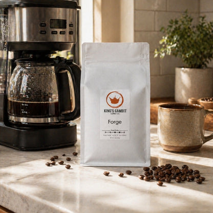Medium roast coffee bag from King's Gambit Coffee featuring Forge brand packaging with a rich, aromatic coffee blend.
