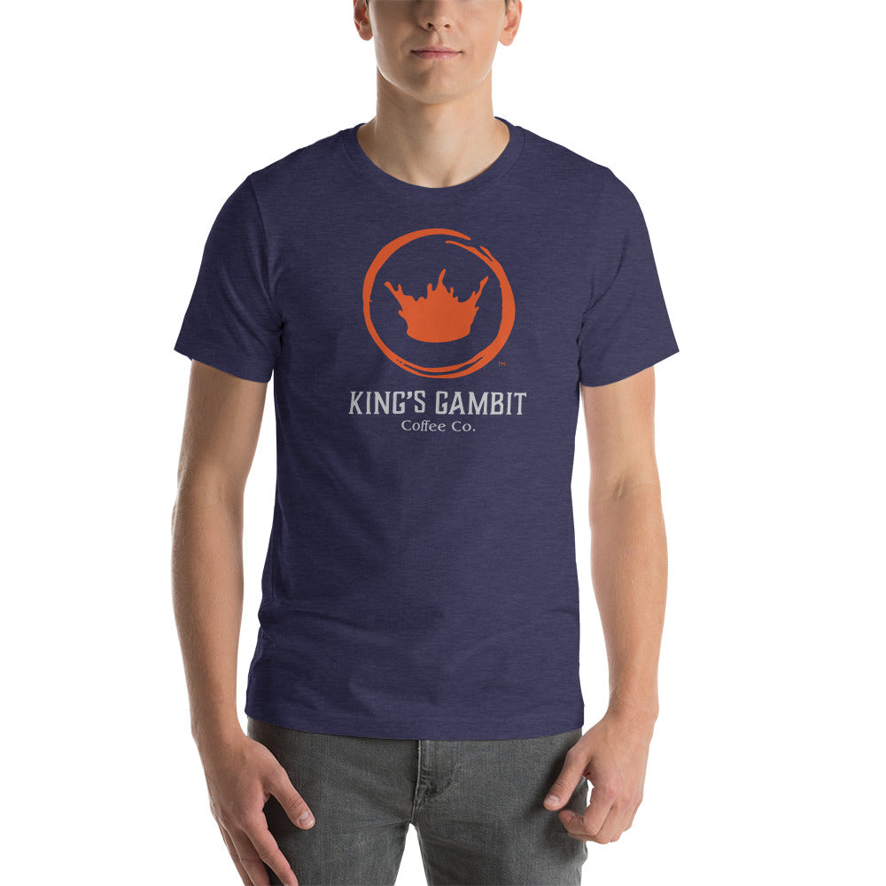 Unisex Heather Midnight Navy T-shirt featuring the King's Gambit Coffee logo, casual apparel for coffee lovers and gamers.